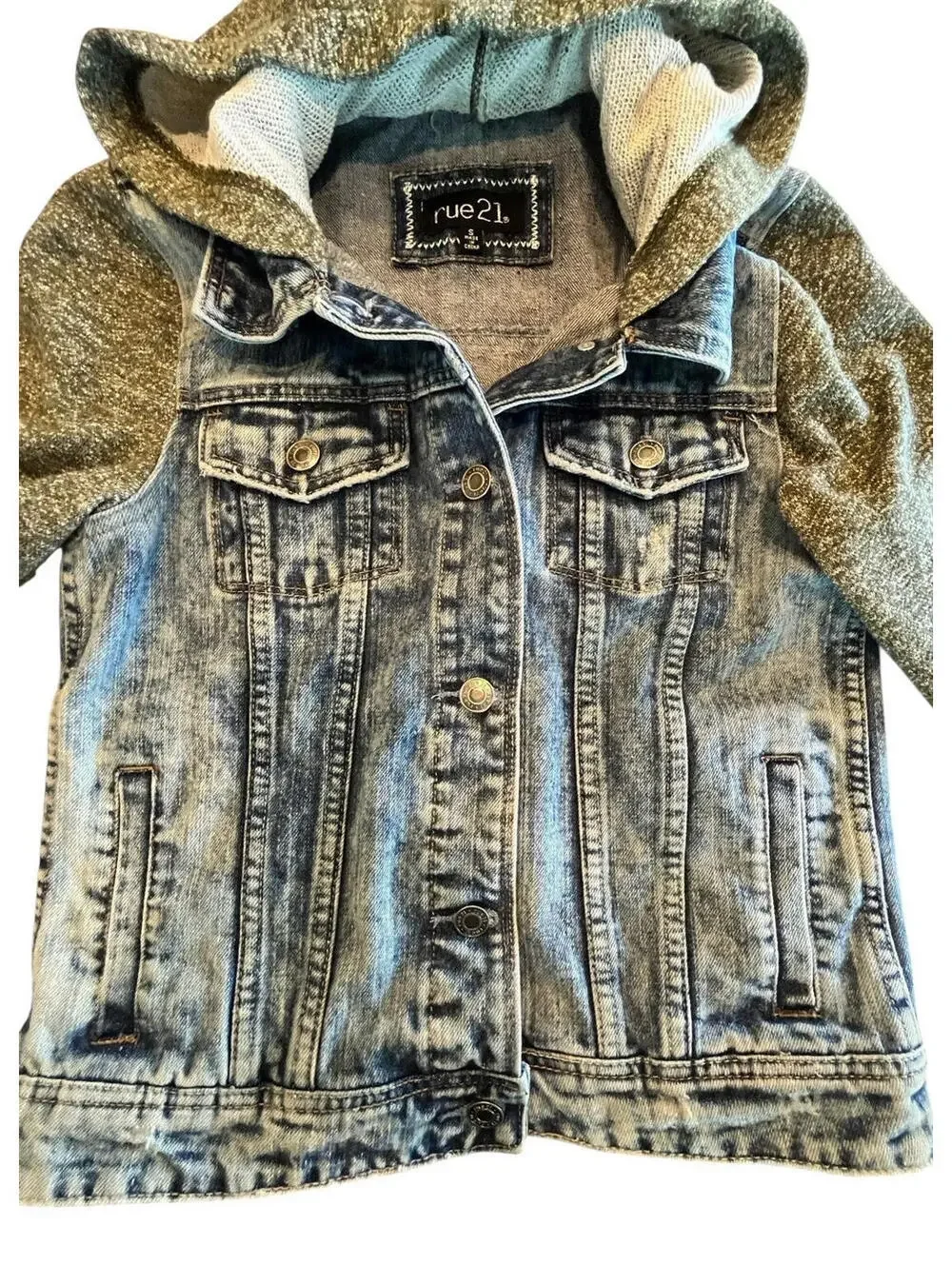 Denim Jean Knit Hoodie Jacket Youth Sz Small knit olive green blue jean Rue21
